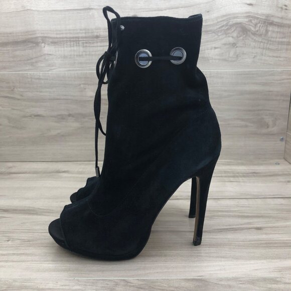 Steve Madden Booties Womens 8M Cavalier Black Suede Pull On Peep Toe Stiletto - Picture 2 of 13